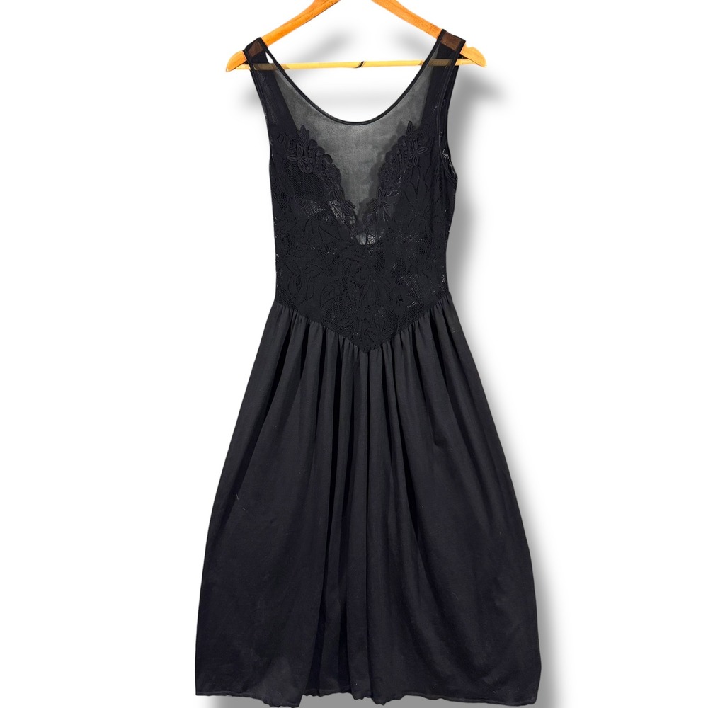 Vintage 80s Victoria's Secret Black Lace V Neck Sheer Bodice Dress Small